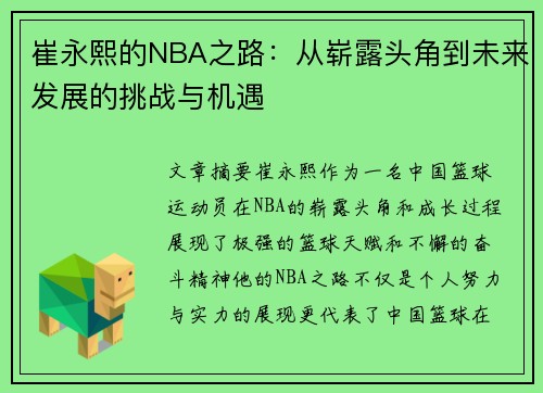 崔永熙的NBA之路：从崭露头角到未来发展的挑战与机遇